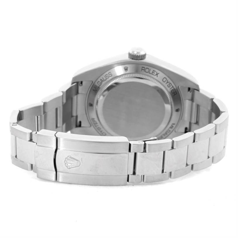 The image shows the back case and bracelet clasp of the Rolex Milgauss 116400V Men's Stainless Steel Black Dial 116400V Men's Stainless Steel Black Dial watch.