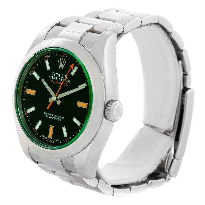 The image shows a side angle of the Rolex Milgauss 116400V Men's Stainless Steel Black Dial 116400V Men's Stainless Steel Black Dial, displaying the watch face, bezel, crown, and part of the bracelet.