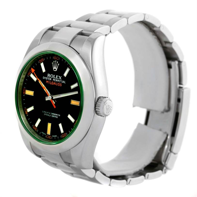 The image shows a side angle of the Rolex Milgauss 116400V Men's Stainless Steel Black Dial 116400V Men's Stainless Steel Black Dial watch, highlighting its face, bracelet, and crown.