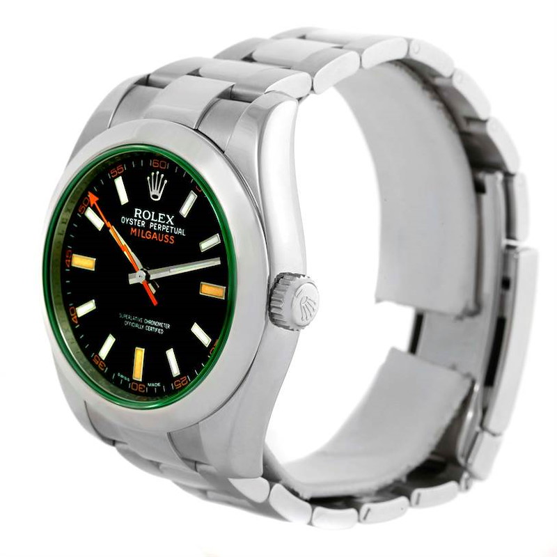 Rolex Milgauss Domed Bezel Green Crystal Stainless Steel Watch 116400V SwissWatchExpo