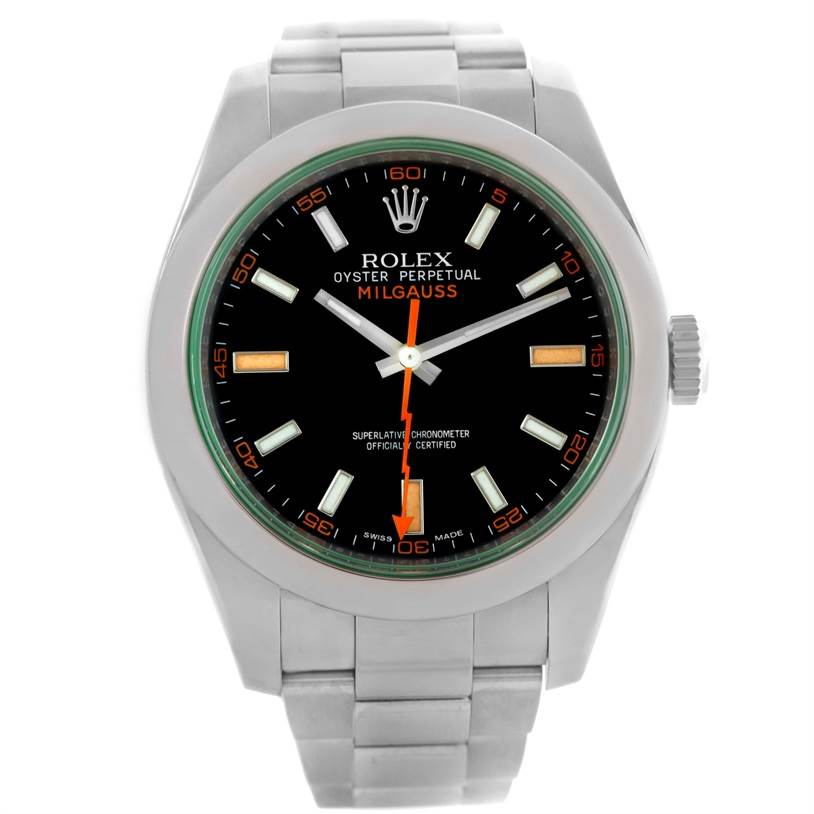 The image shows a front view of the Rolex Milgauss 116400V Men's Stainless Steel Black Dial 116400V Men's Stainless Steel Black Dial watch displaying its dial, bezel, and bracelet.