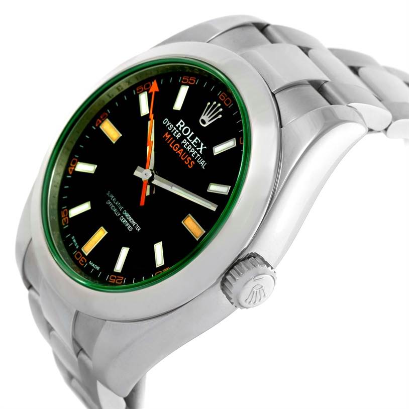 The image shows a Rolex Milgauss 116400V Men's Stainless Steel Black Dial 116400V Men's Stainless Steel Black Dial watch from an angled view, highlighting the black dial, orange lightning bolt second hand, and silver bracelet.