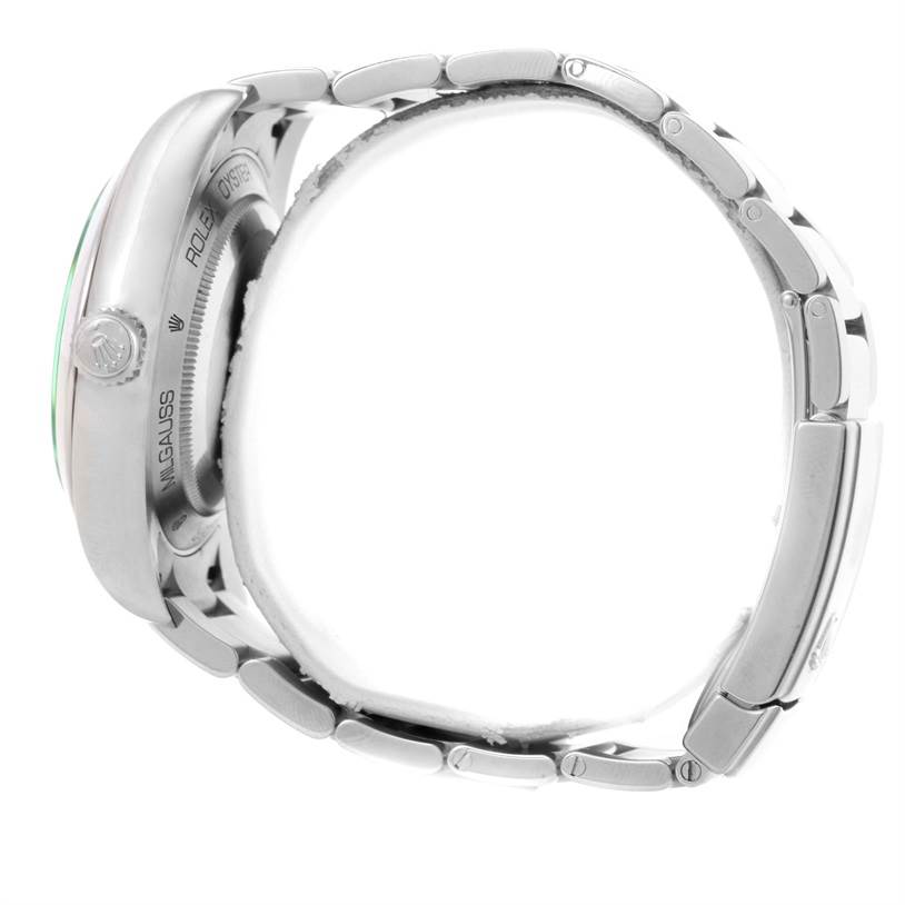 The side view of the Rolex Milgauss 116400V Men's Stainless Steel Black Dial 116400V Men's Stainless Steel Black Dial model shows the case, crown, and a portion of the bracelet.