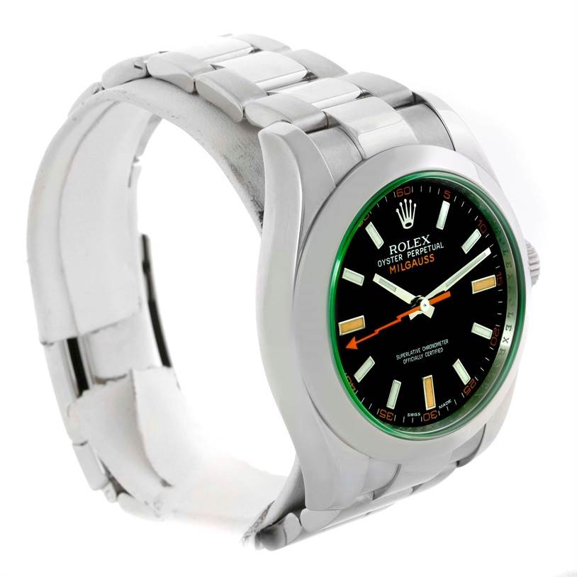 The image shows a side angle of the Rolex Milgauss 116400V Men's Stainless Steel Black Dial 116400V Men's Stainless Steel Black Dial watch, highlighting its strap, case, and dial.