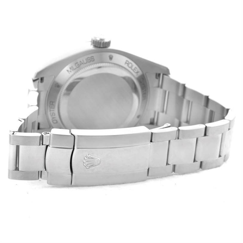 This image shows the back of the Rolex Milgauss 116400V Men's Stainless Steel Black Dial 116400V Men's Stainless Steel Black Dial watch, focusing on the bracelet and clasp.