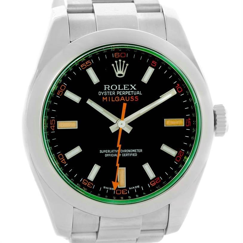 The image shows a frontal view of a Rolex Milgauss 116400V Men's Stainless Steel Black Dial 116400V Men's Stainless Steel Black Dial watch, highlighting its black dial, green crystal, and stainless steel bracelet.