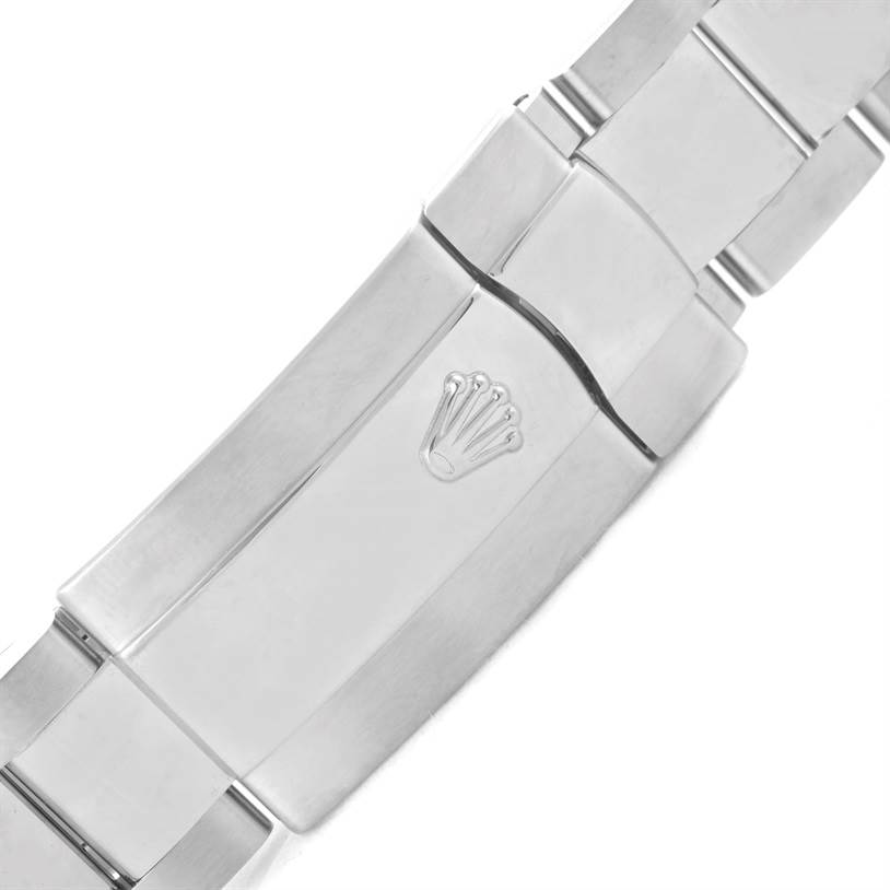 The image shows a close-up of the clasp and part of the bracelet for a Rolex Milgauss 116400V Men's Stainless Steel Black Dial 116400V Men's Stainless Steel Black Dial watch.