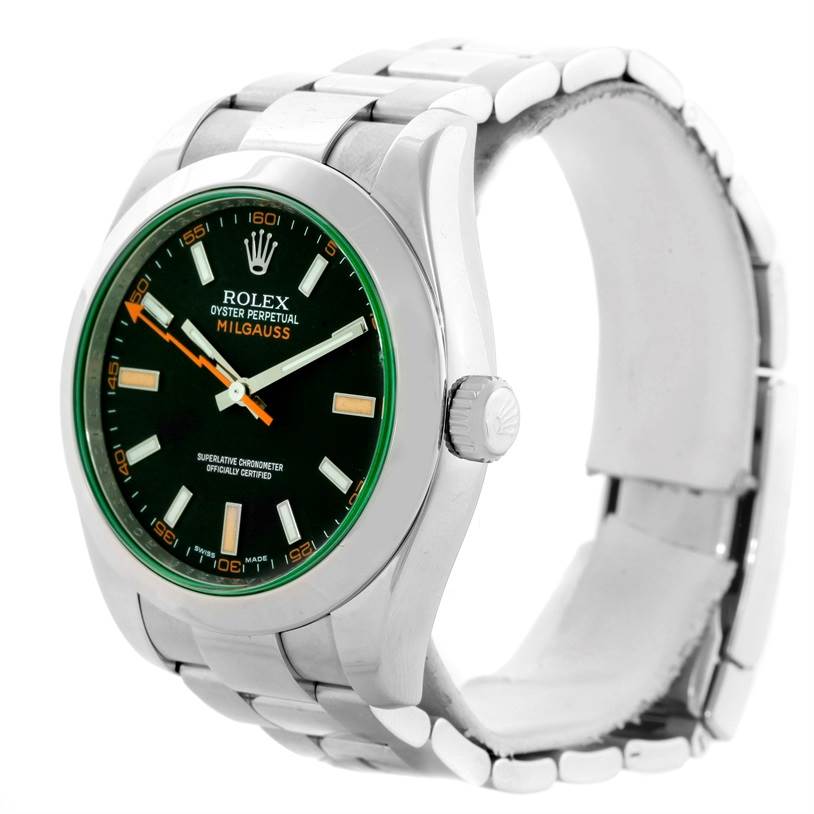 This image shows a Rolex Milgauss 116400V Men's Stainless Steel Black Dial 116400V Men's Stainless Steel Black Dial watch from a three-quarter angle, highlighting the face, bezel, crown, and bracelet.