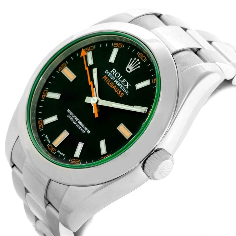 The image shows a close-up angled view of the dial, bezel, and crown of the Rolex Milgauss 116400V Men's Stainless Steel Black Dial 116400V Men's Stainless Steel Black Dial watch.