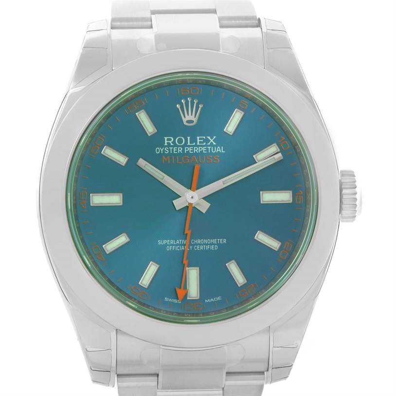 This image shows a frontal view of a Rolex Milgauss 116400GV Men's Stainless Steel Blue Dial 116400GV Men's Stainless Steel Blue Dial watch, featuring the dial, hour markers, hands, and crown.