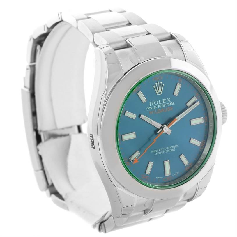 The image shows a Rolex Milgauss 116400GV Men's Stainless Steel Blue Dial 116400GV Men's Stainless Steel Blue Dial watch from a front angle, highlighting the face, bezel, and stainless steel bracelet.