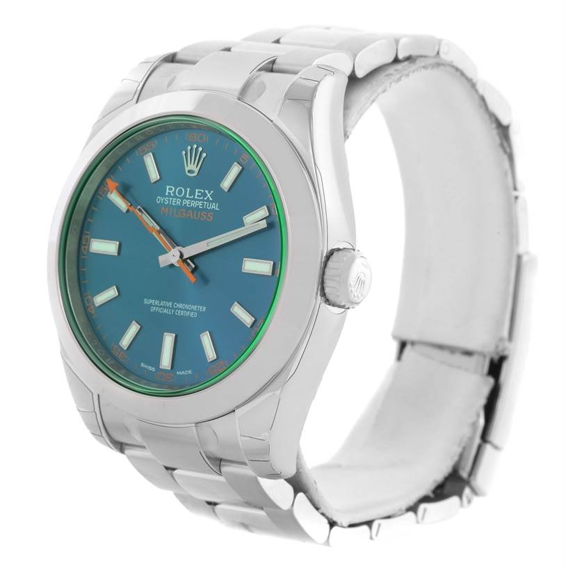 The image shows a close-up of the Rolex Milgauss 116400GV Men's Stainless Steel Blue Dial 116400GV Men's Stainless Steel Blue Dial watch, highlighting its blue dial, green sapphire crystal, and stainless steel bracelet from a slight angle.