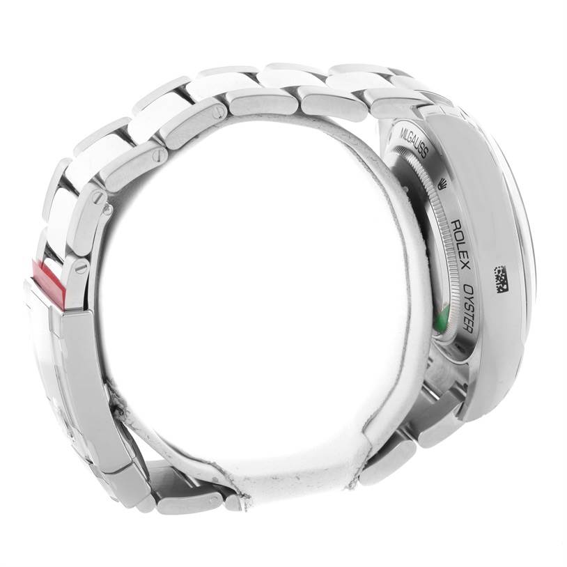 This image shows the side and back of a Rolex Milgauss 116400GV Men's Stainless Steel Blue Dial 116400GV Men's Stainless Steel Blue Dial watch, highlighting the bracelet and part of the case.