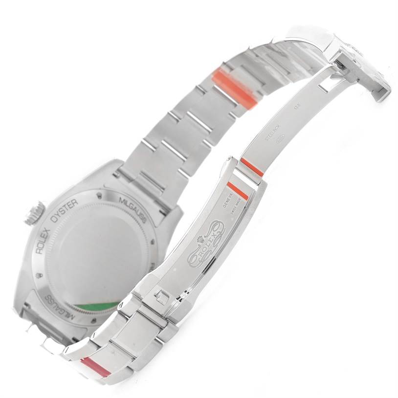 This image shows the back, clasp, and part of the bracelet of a Rolex Milgauss 116400GV Men's Stainless Steel Blue Dial 116400GV Men's Stainless Steel Blue Dial watch.