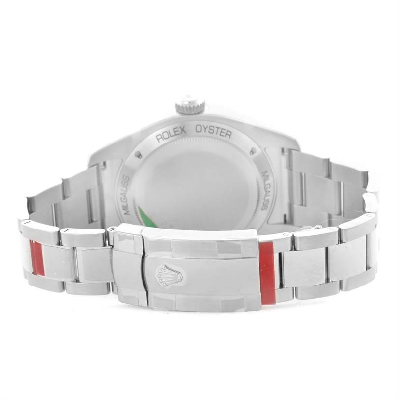 The image shows the back case and bracelet of a Rolex Milgauss 116400GV Men's Stainless Steel Blue Dial 116400GV Men's Stainless Steel Blue Dial watch, with the branding and clasp visible.