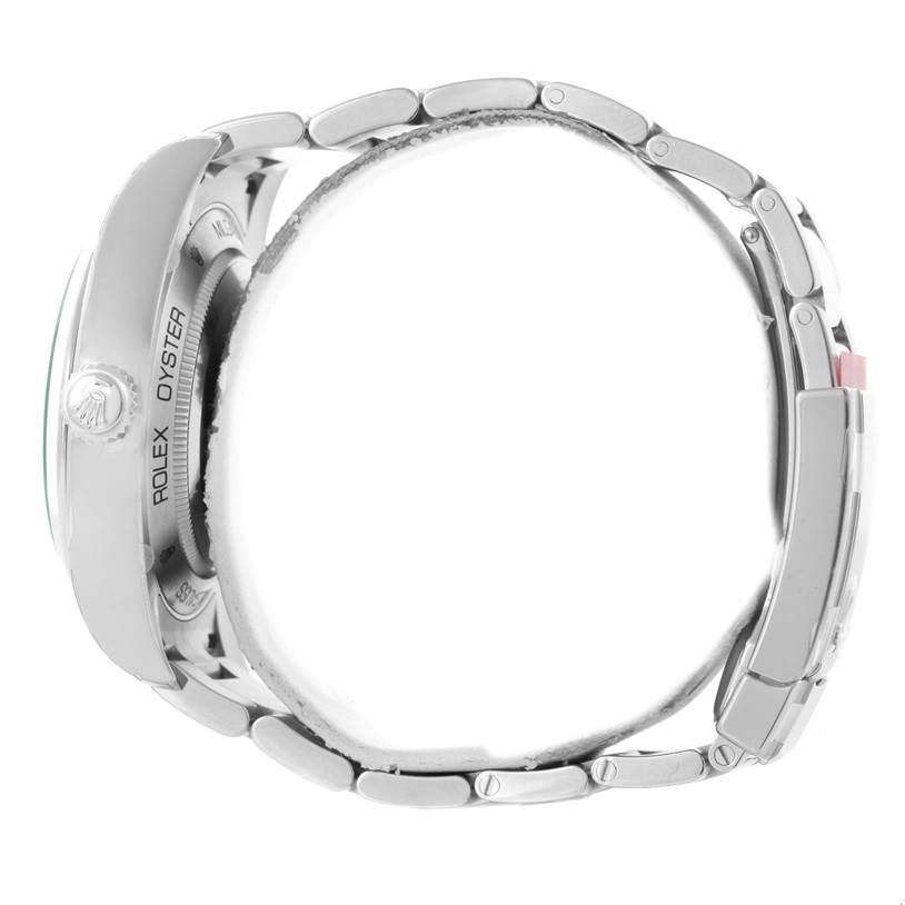 This side view image of a Rolex Milgauss 116400GV Men's Stainless Steel Blue Dial 116400GV Men's Stainless Steel Blue Dial watch highlights the case, crown, and part of the bracelet.