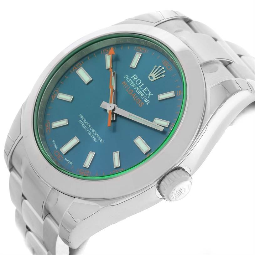 The image shows a Rolex Milgauss 116400GV Men's Stainless Steel Blue Dial 116400GV Men's Stainless Steel Blue Dial watch at an angled view, highlighting the face, bezel, and bracelet.