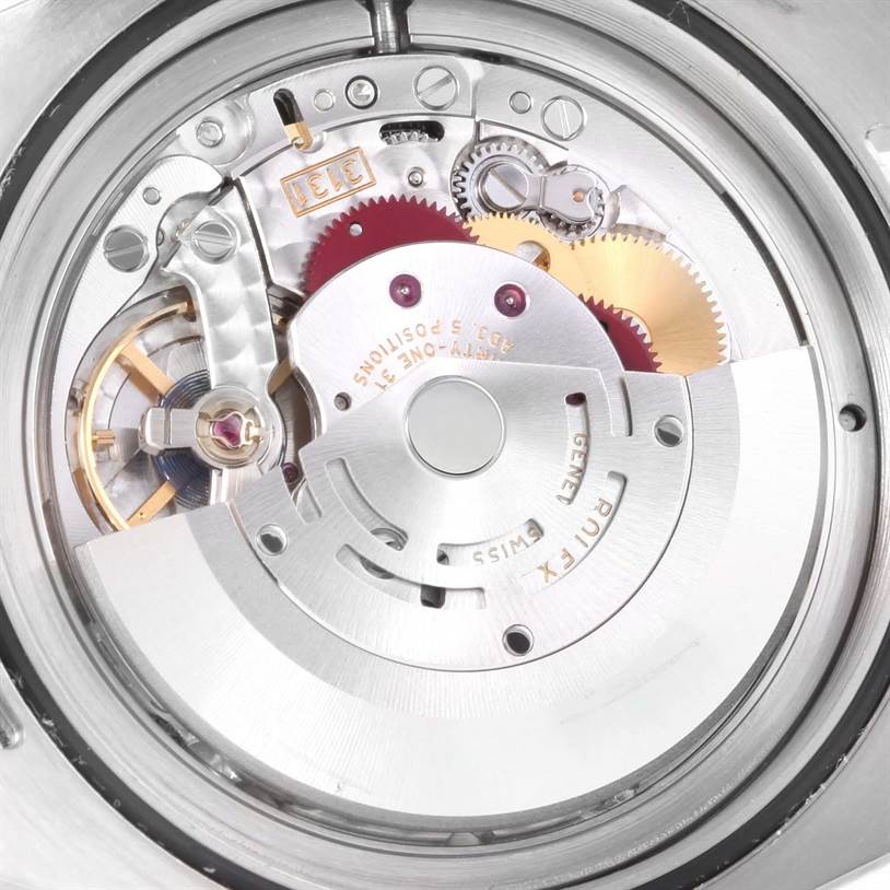 This image shows a close-up of the Rolex Milgauss 116400V Men
s Stainless Steel Black Dial 116400V Men
s Stainless Steel Black Dial watch
s internal movement mechanism from the back.