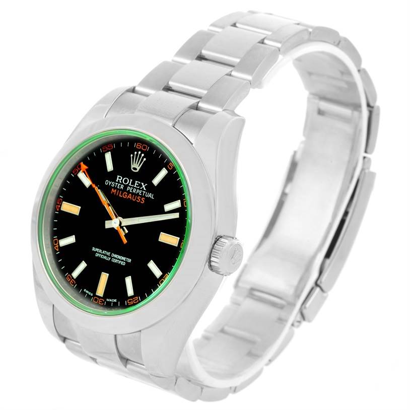 The image shows a Rolex Milgauss 116400V Men
s Stainless Steel Black Dial 116400V Men
s Stainless Steel Black Dial watch at a front-side angle, highlighting its dial, bezel, case, and bracelet.