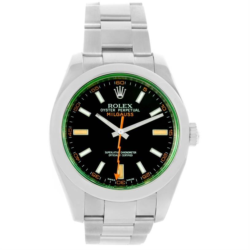The image shows a front view of the Rolex Milgauss 116400V Men
s Stainless Steel Black Dial 116400V Men
s Stainless Steel Black Dial watch, displaying the face, bezel, and bracelet.