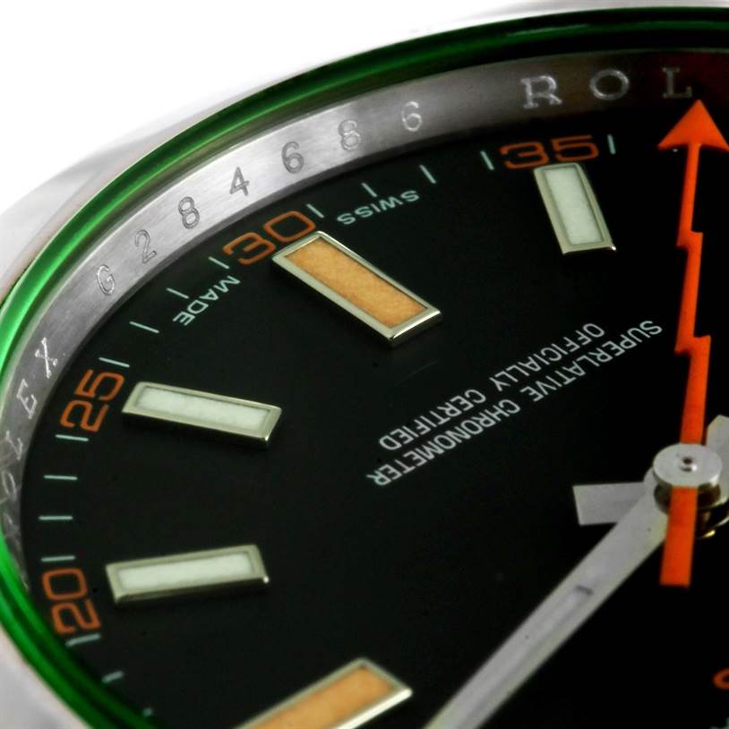 This close-up image shows the face, hour markers, second hand, and outer rim of the Rolex Milgauss 116400V Men
s Stainless Steel Black Dial 116400V Men
s Stainless Steel Black Dial watch.