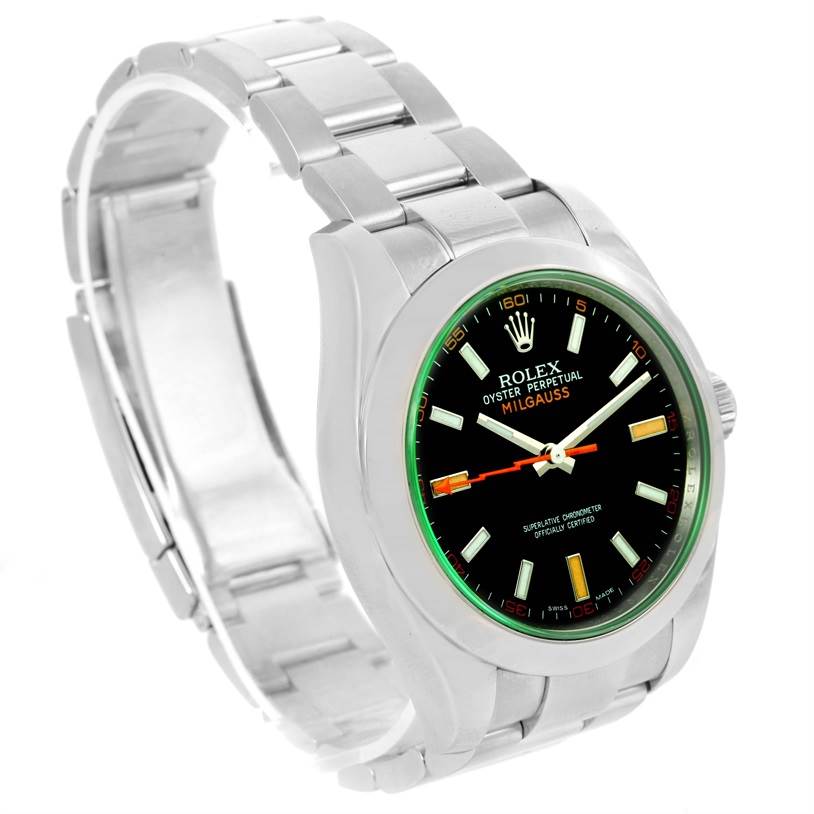 The watch is a Rolex Milgauss 116400V Men
s Stainless Steel Black Dial 116400V Men
s Stainless Steel Black Dial, shown from a three-quarter angle, highlighting its dial, bezel, and bracelet.