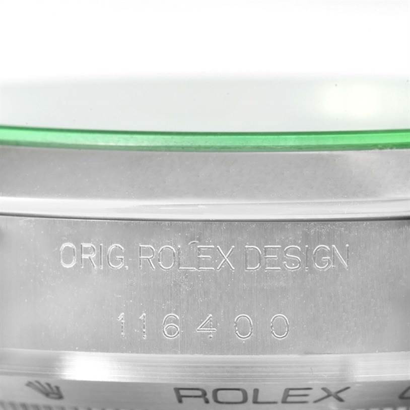 This image shows the engraved side of the Rolex Milgauss 116400V Men
s Stainless Steel Black Dial 116400V Men
s Stainless Steel Black Dial 116400 watch case, displaying the model number.