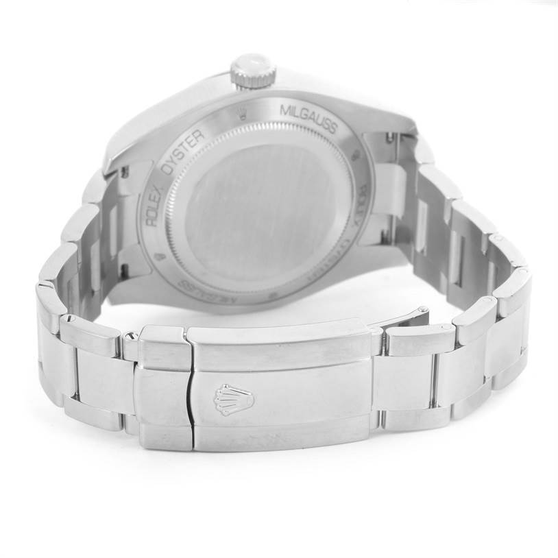 The image shows the back and partially open clasp of a Rolex Milgauss 116400V Men
s Stainless Steel Black Dial 116400V Men
s Stainless Steel Black Dial watch.