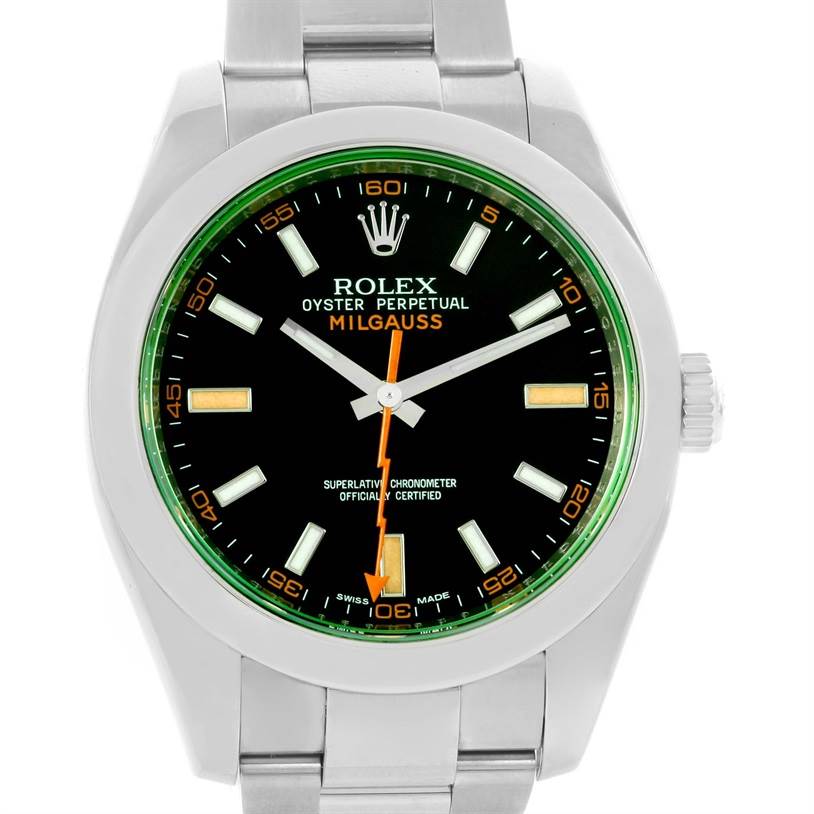 The image shows a front view of a Rolex Milgauss 116400V Men
s Stainless Steel Black Dial 116400V Men
s Stainless Steel Black Dial watch, highlighting the dial, hour markers, hands, and part of the bracelet.