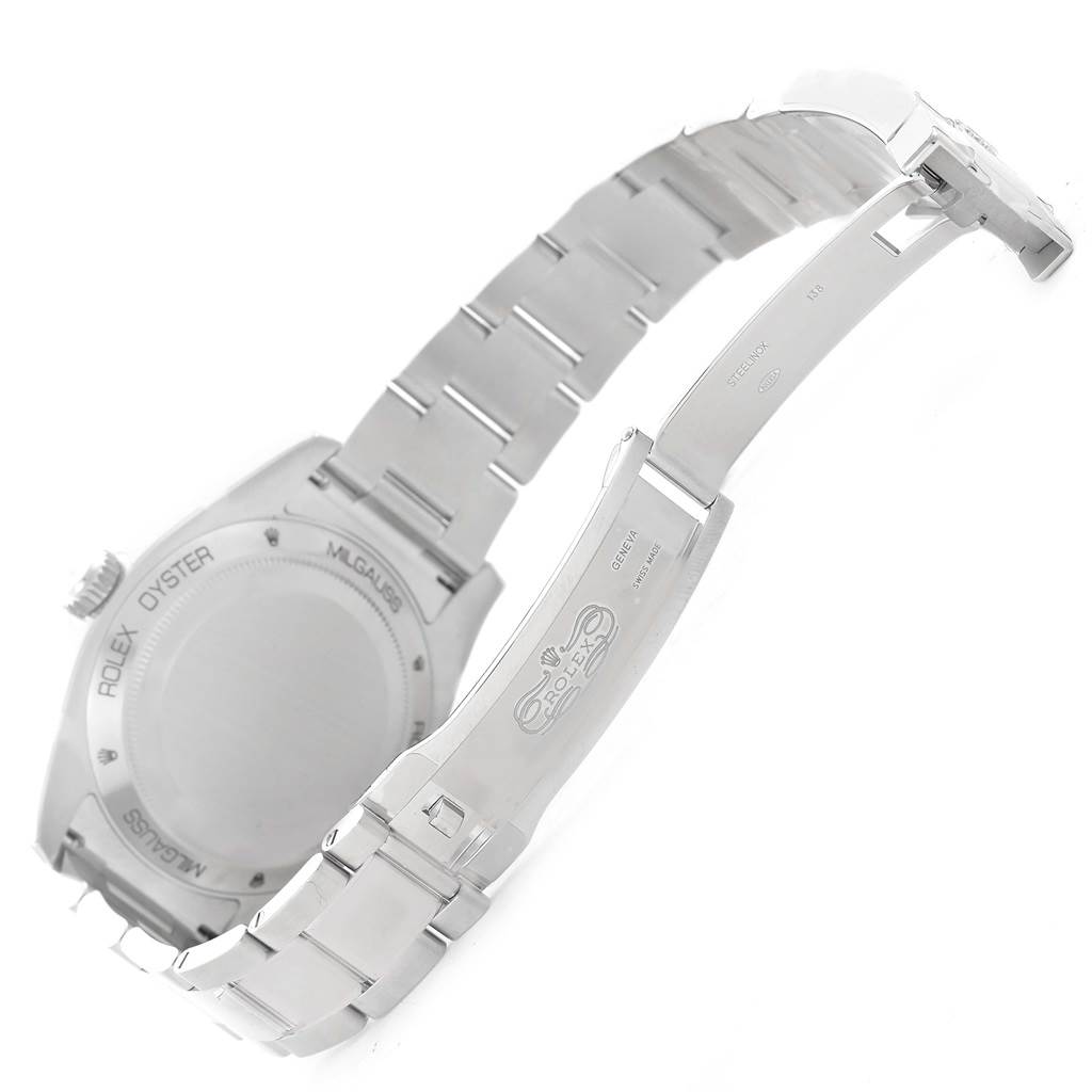 The image shows the Rolex Milgauss 116400GV Men's Stainless Steel Blue Dial 116400GV Men's Stainless Steel Blue Dial watch from the back, displaying the clasp and part of the bracelet.