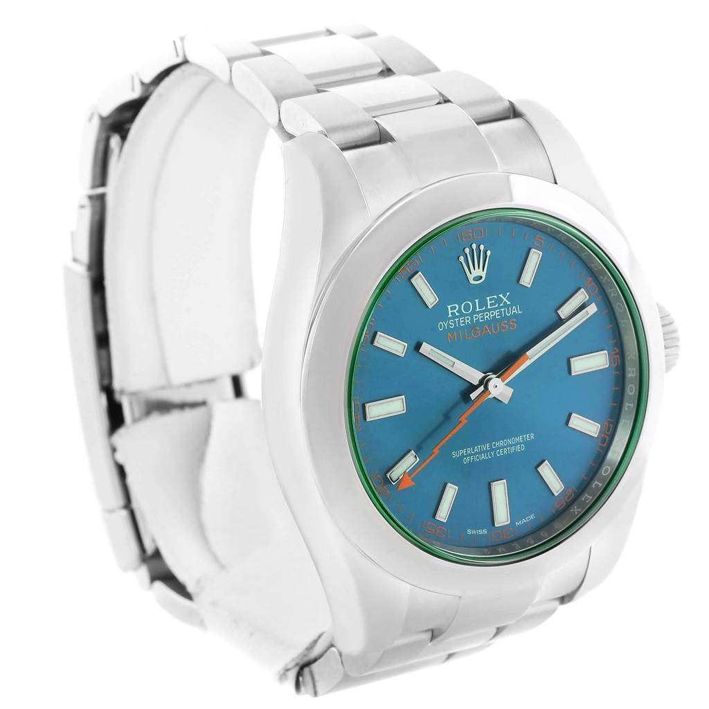 This image shows the front and partial side view of a Rolex Milgauss 116400GV Men's Stainless Steel Blue Dial 116400GV Men's Stainless Steel Blue Dial watch, highlighting the dial, case, and bracelet.
