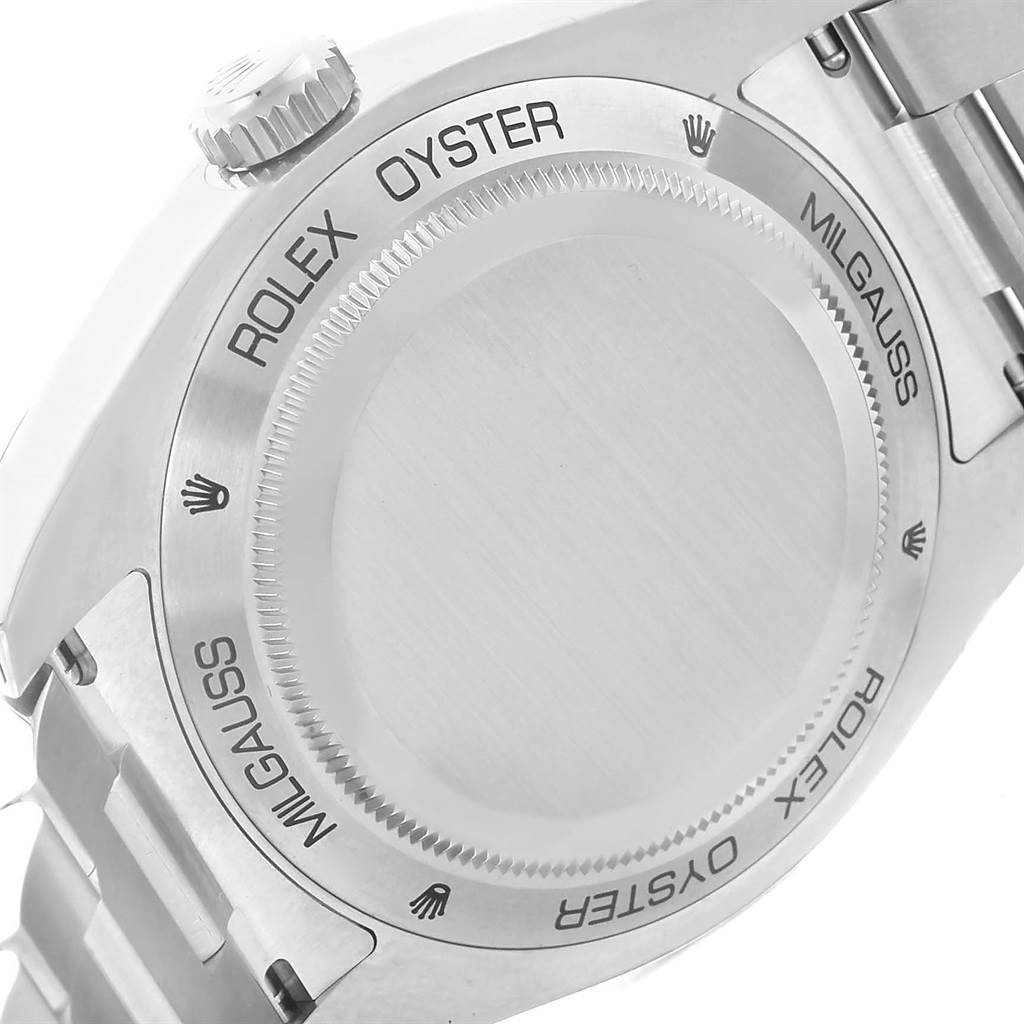 This is a close-up shot of the case back and crown of a Rolex Milgauss 116400GV Men's Stainless Steel Blue Dial 116400GV Men's Stainless Steel Blue Dial watch, showing the "Rolex Oyster" and "Milgauss" engravings.