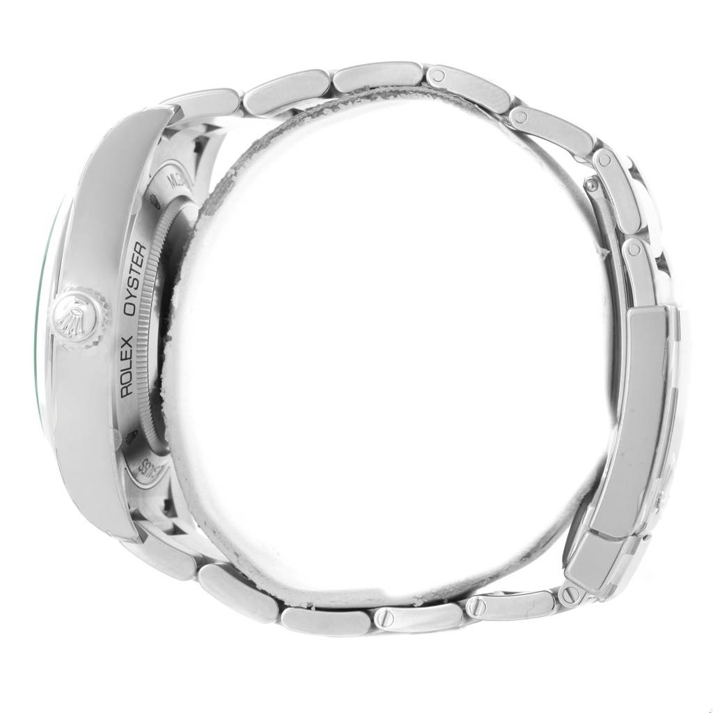 The image shows a side view of a Rolex Milgauss 116400GV Men's Stainless Steel Blue Dial 116400GV Men's Stainless Steel Blue Dial watch, displaying the bracelet, clasp, case, and crown.