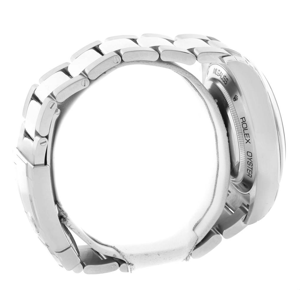 This image shows the side and back of a Rolex Milgauss 116400GV Men's Stainless Steel Blue Dial 116400GV Men's Stainless Steel Blue Dial watch, highlighting the bracelet and case.