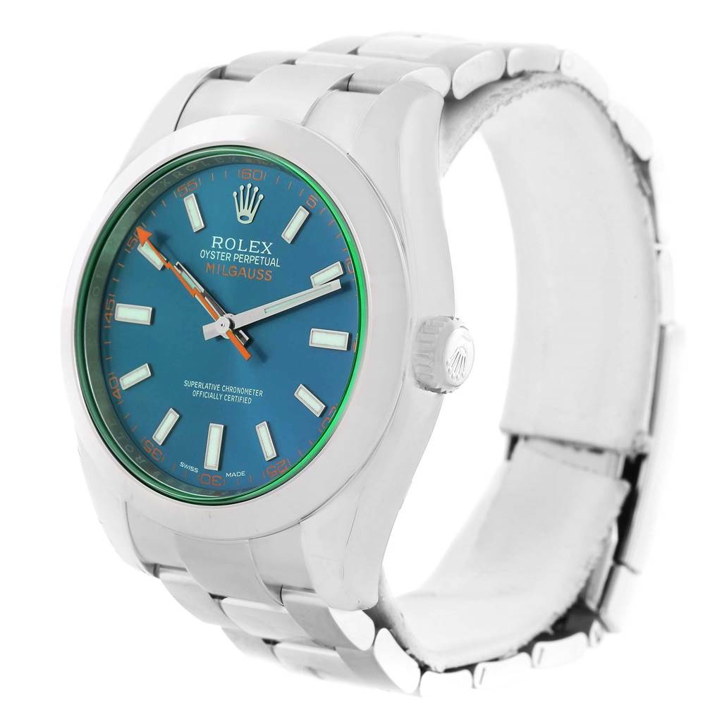 The image shows a side angle of the Rolex Milgauss 116400GV Men's Stainless Steel Blue Dial 116400GV Men's Stainless Steel Blue Dial watch, displaying the face, bezel, crown, and part of the bracelet.