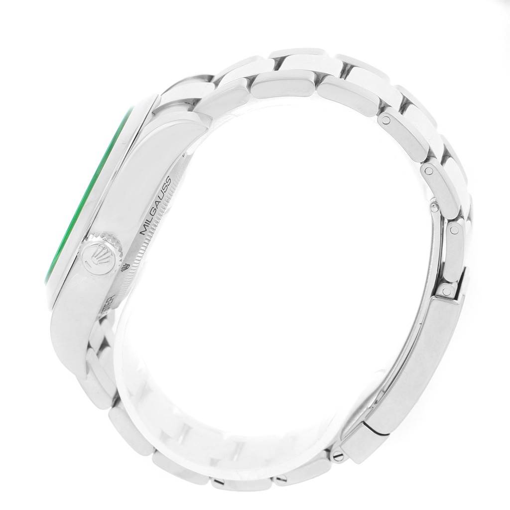 The image shows a side view of the Rolex Milgauss 116400GV Men's Stainless Steel Blue Dial 116400GV Men's Stainless Steel Blue Dial watch, highlighting its case, crown, and bracelet.