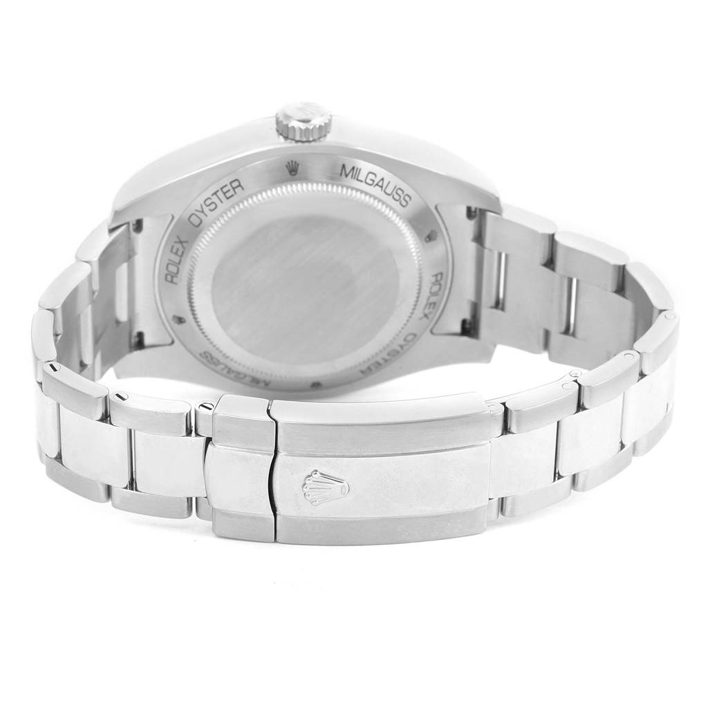 The image shows the back case and bracelet of a Rolex Milgauss 116400GV Men's Stainless Steel Blue Dial 116400GV Men's Stainless Steel Blue Dial watch from a rear angle.