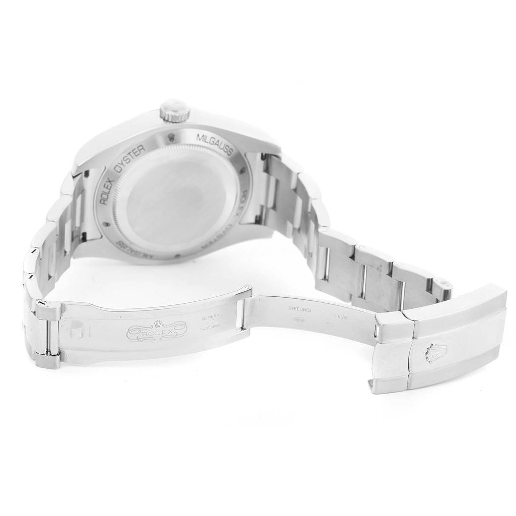 The image shows the back, bracelet, and clasp of the Rolex Milgauss 116400GV Men's Stainless Steel Blue Dial 116400GV Men's Stainless Steel Blue Dial watch, highlighting the engraved case back and deployed clasp.