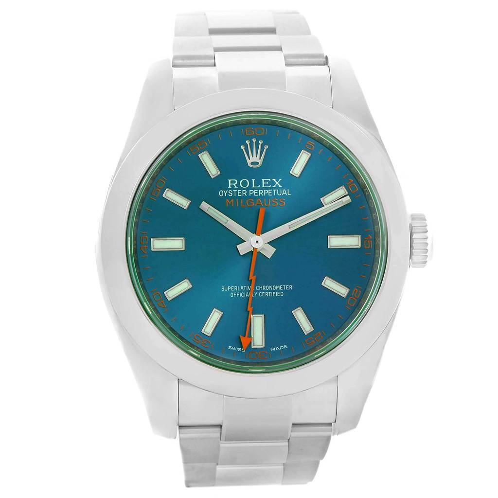 This image shows a front view of a Rolex Milgauss 116400GV Men's Stainless Steel Blue Dial 116400GV Men's Stainless Steel Blue Dial watch with a blue dial and stainless steel bracelet.