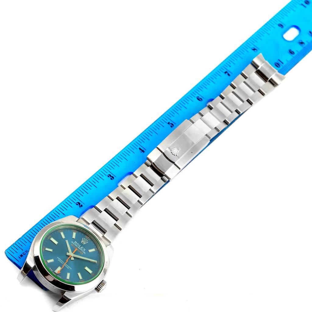 The Rolex Milgauss 116400GV Men's Stainless Steel Blue Dial 116400GV Men's Stainless Steel Blue Dial watch is shown from a top-down angle, displaying the face, bezel, crown, and bracelet.