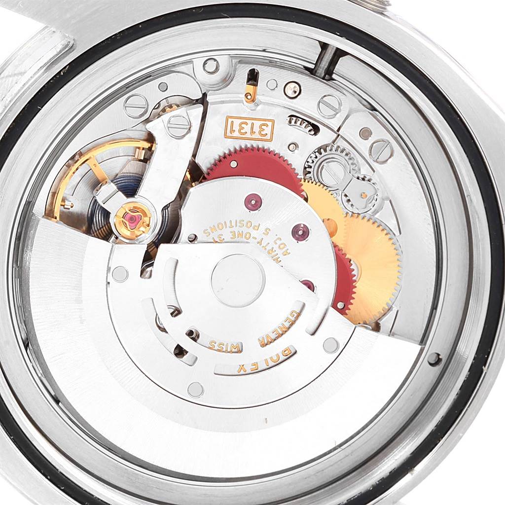 This image shows a close-up of the inner mechanical components of a Rolex Milgauss 116400GV Men's Stainless Steel Blue Dial 116400GV Men's Stainless Steel Blue Dial watch from a rear angle.