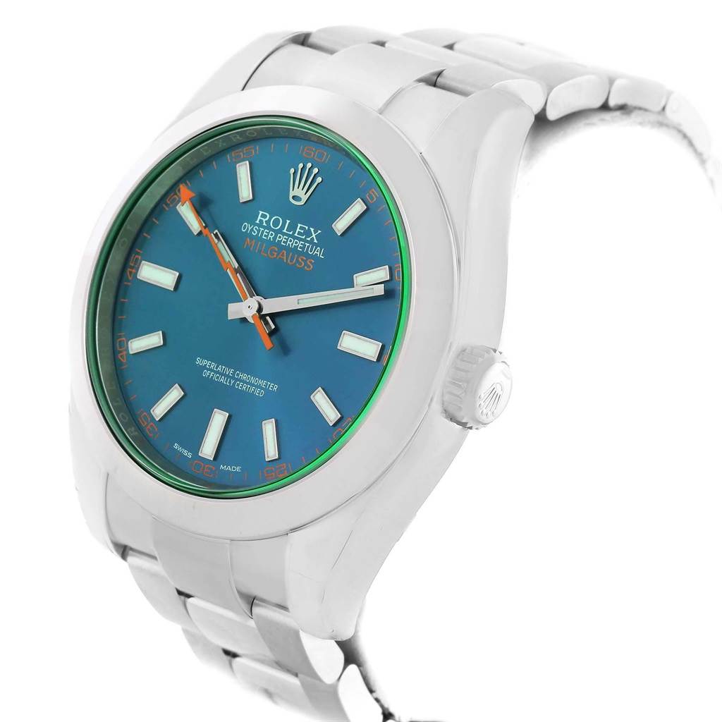 The Rolex Milgauss 116400GV Men's Stainless Steel Blue Dial 116400GV Men's Stainless Steel Blue Dial watch is shown at a slight angle, displaying the dial, bezel, crown, and part of the bracelet.