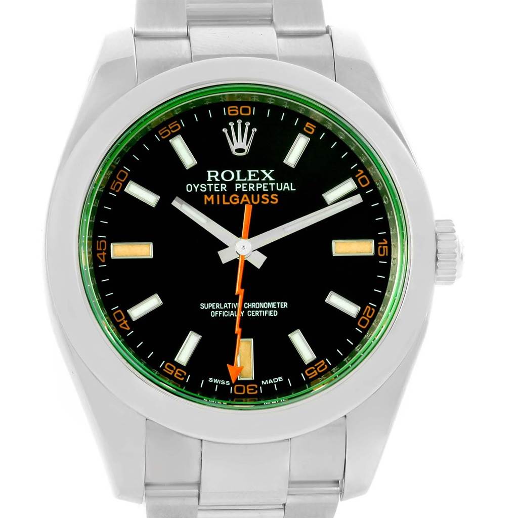 This image shows a front view of a Rolex Milgauss 116400V Men's Stainless Steel Black Dial 116400V Men's Stainless Steel Black Dial watch displaying the dial, hands, and a portion of the bracelet.