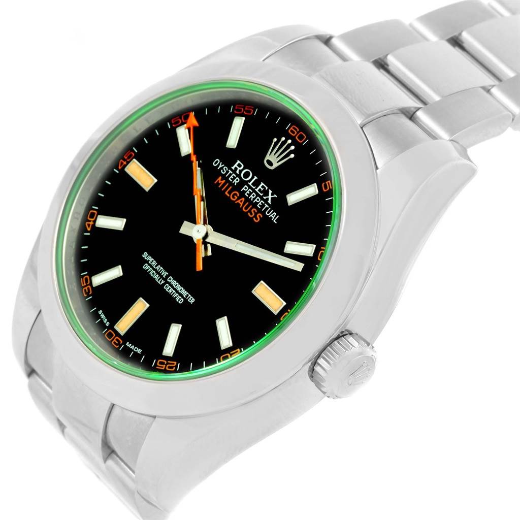 The image shows a Rolex Milgauss 116400V Men's Stainless Steel Black Dial 116400V Men's Stainless Steel Black Dial watch angled from the upper right, highlighting the face and stainless steel bracelet.
