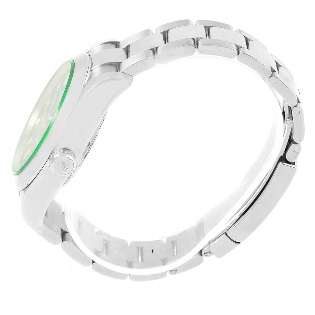 The image shows a Rolex Milgauss 116400V Men's Stainless Steel Black Dial 116400V Men's Stainless Steel Black Dial watch in a side profile emphasizing the bracelet and crown.