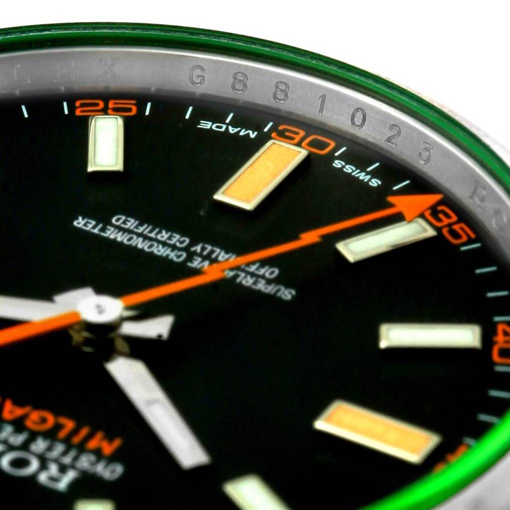Close-up angle showing the dial, orange seconds hand, and part of the chapter ring of the Rolex Milgauss 116400V Men's Stainless Steel Black Dial 116400V Men's Stainless Steel Black Dial watch.