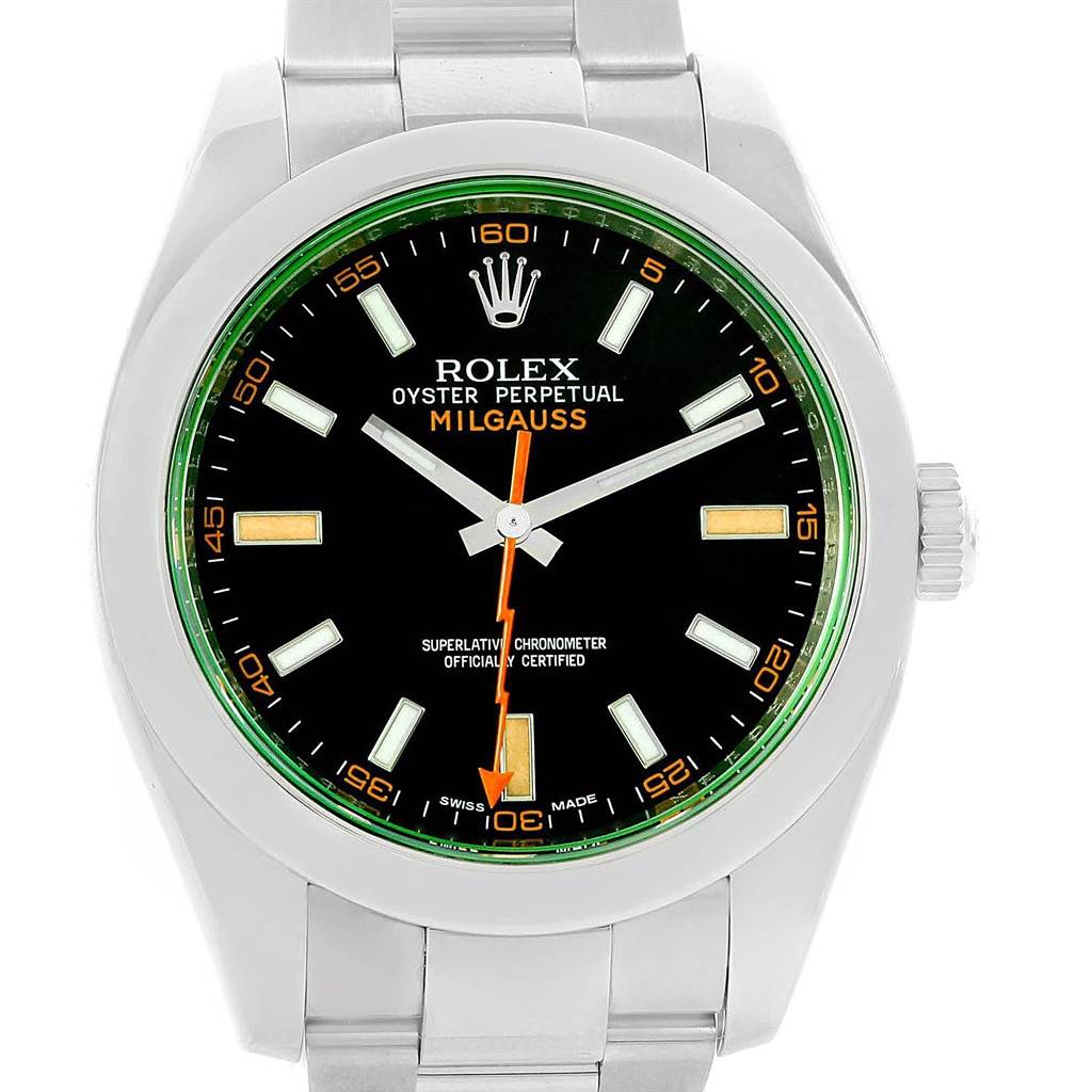 The image shows a front view of the Rolex Milgauss 116400V Men's Stainless Steel Black Dial 116400V Men's Stainless Steel Black Dial watch, highlighting its dial, hands, markers, and bezel.