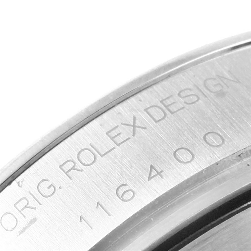 This close-up image shows the engraved model details ("116400") on the caseback of a Rolex Milgauss 116400V Men's Stainless Steel Black Dial 116400V Men's Stainless Steel Black Dial watch.