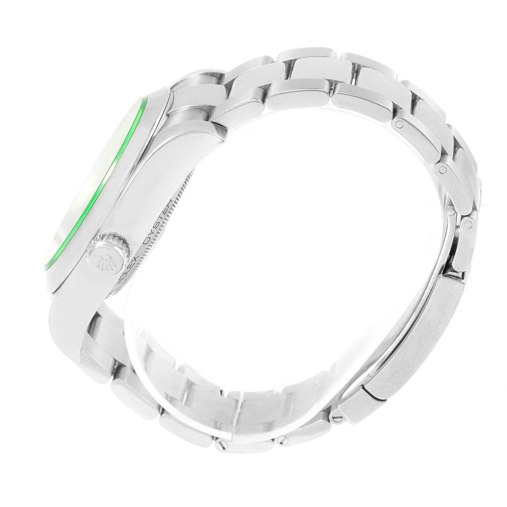 This image shows a side view of a Rolex Milgauss 116400V Men's Stainless Steel Black Dial 116400V Men's Stainless Steel Black Dial watch, highlighting the bracelet, crown, and case profile.