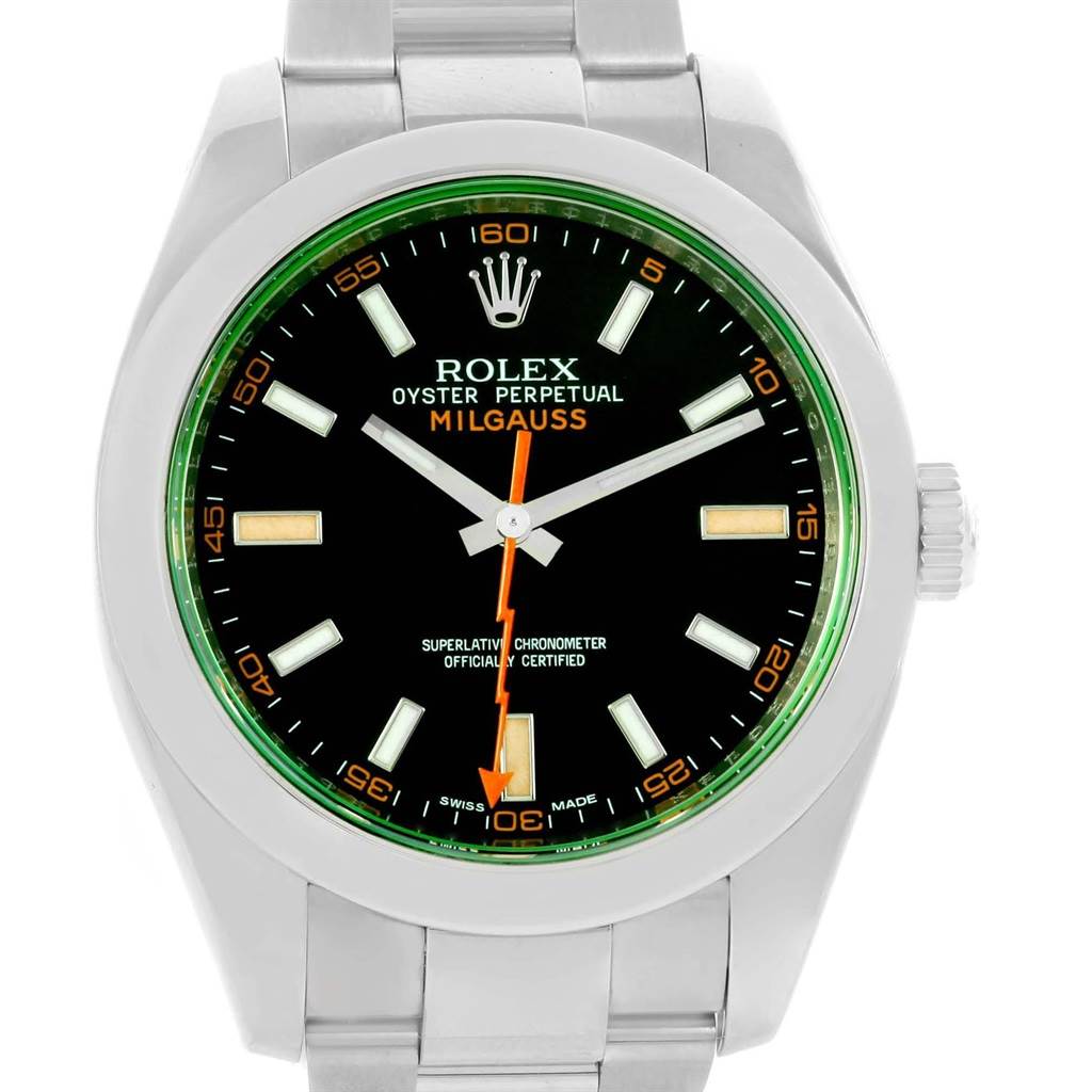 The image shows a front view of a Rolex Milgauss 116400V Men's Stainless Steel Black Dial 116400V Men's Stainless Steel Black Dial watch, displaying its black dial, green sapphire crystal, and distinctive orange lightning bolt second hand.